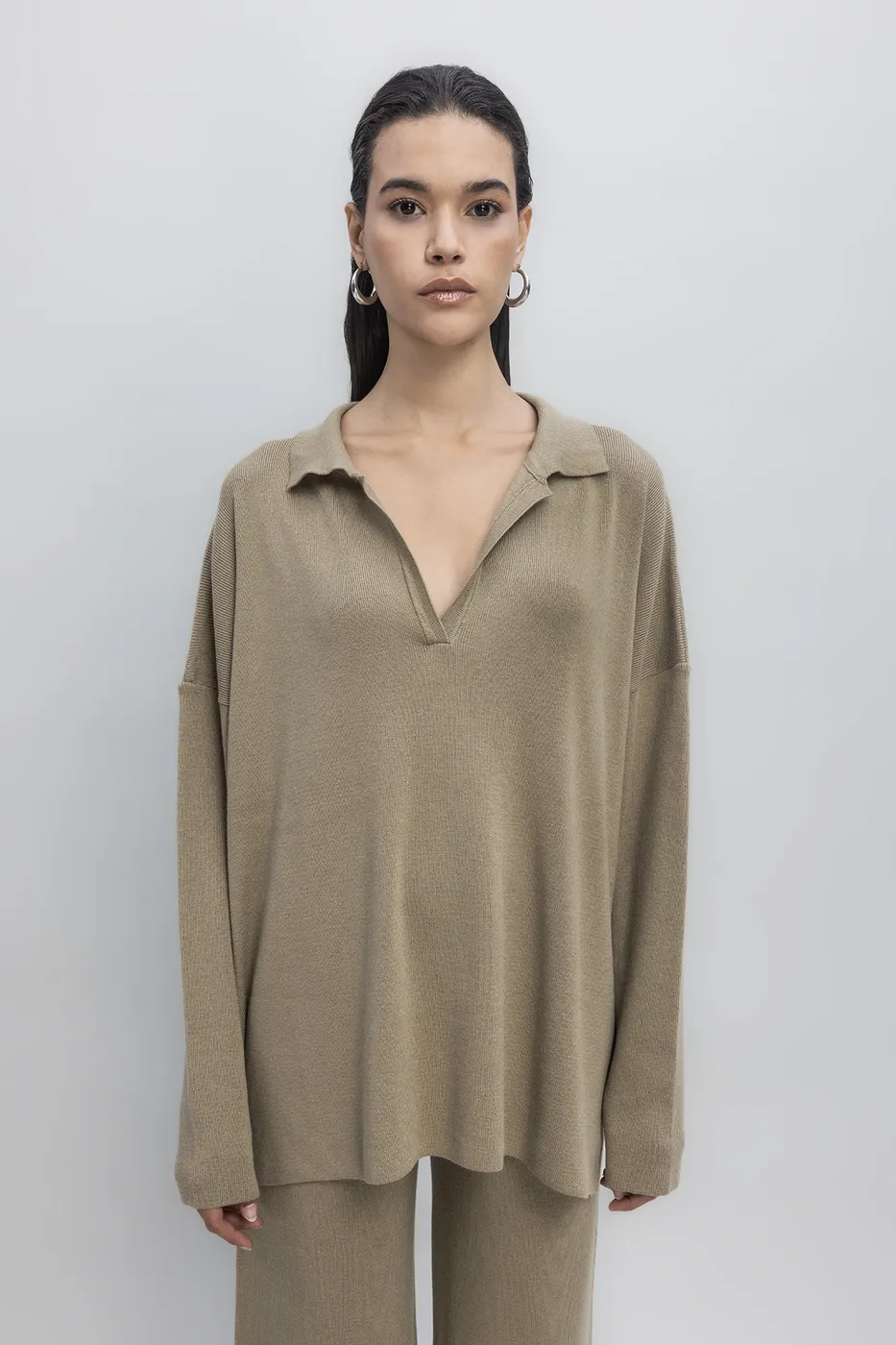 Bayan Haki Yakalı Oversize Triko Kazak