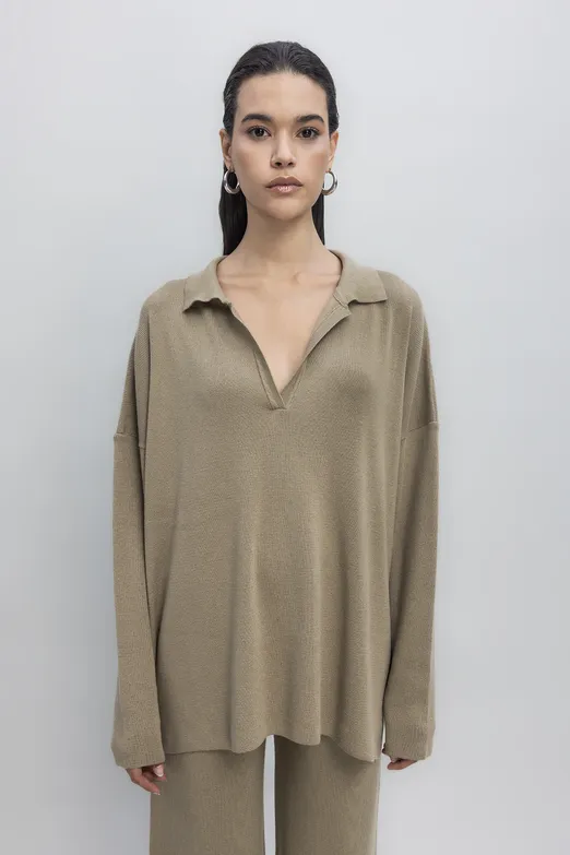 Bayan Haki Yakalı Oversize Triko Kazak - BSL