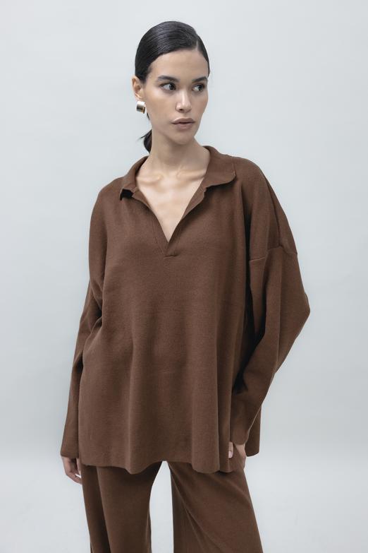 Bayan Kahverengi Yakalı Oversize Triko Kazak - BSL