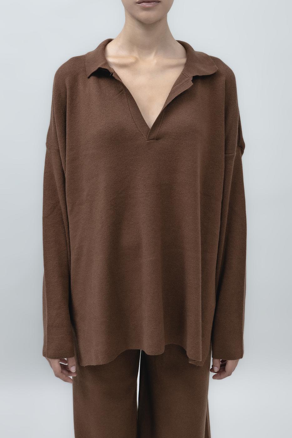 Bayan Kahverengi Yakalı Oversize Triko Kazak