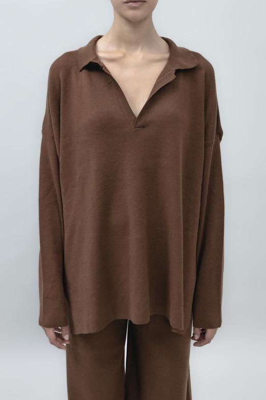 Bayan Kahverengi Yakalı Oversize Triko Kazak - BSL