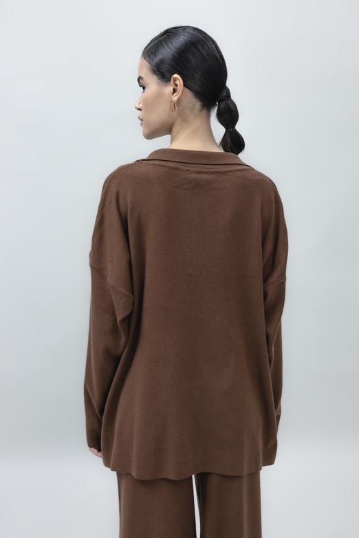 Bayan Kahverengi Yakalı Oversize Triko Kazak - BSL