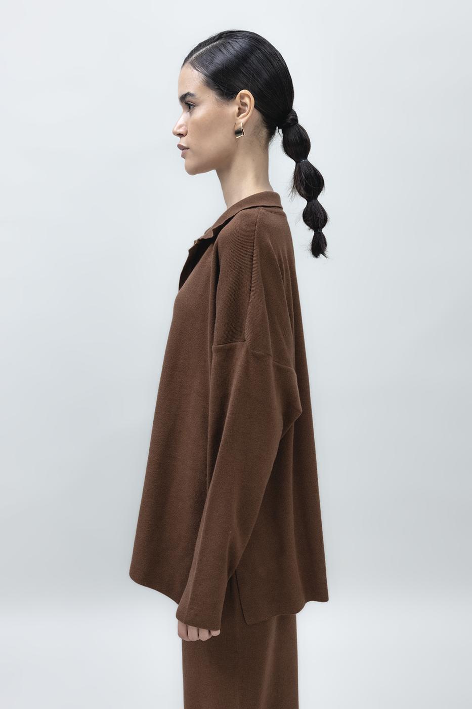 Bayan Kahverengi Yakalı Oversize Triko Kazak