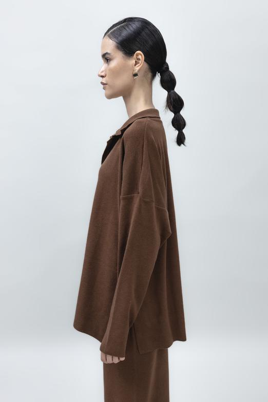 Bayan Kahverengi Yakalı Oversize Triko Kazak - BSL