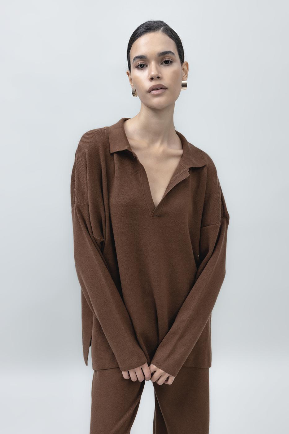 Bayan Kahverengi Yakalı Oversize Triko Kazak