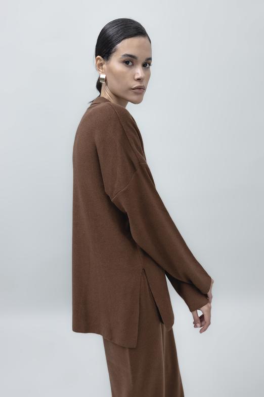 Bayan Kahverengi Yakalı Oversize Triko Kazak - BSL