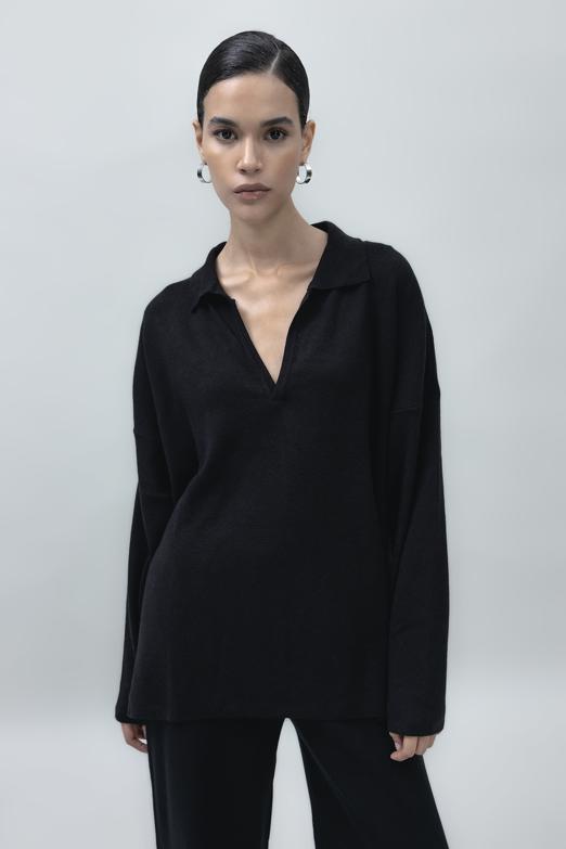 Bayan Siyah Yakalı Oversize Triko Kazak - BSL