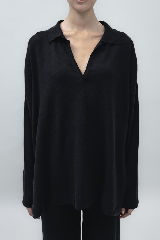 Bayan Siyah Yakalı Oversize Triko Kazak - BSL