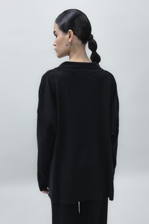 Bayan Siyah Yakalı Oversize Triko Kazak - BSL