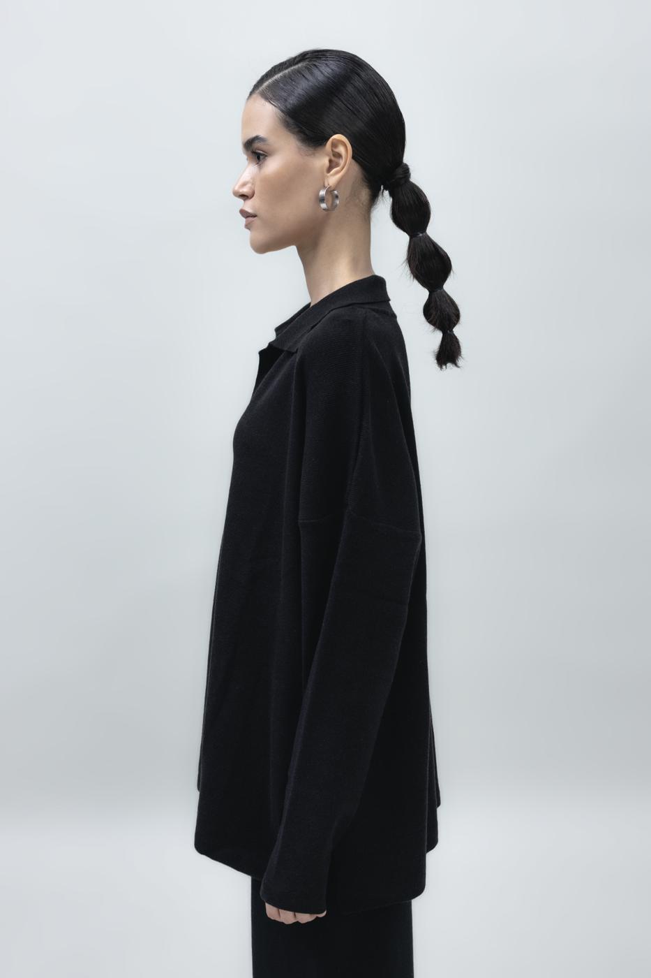 Bayan Siyah Yakalı Oversize Triko Kazak