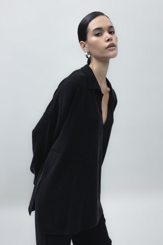 Bayan Siyah Yakalı Oversize Triko Kazak - BSL