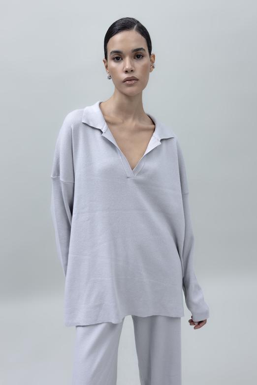 Bayan Taş Yakalı Oversize Triko Kazak - BSL