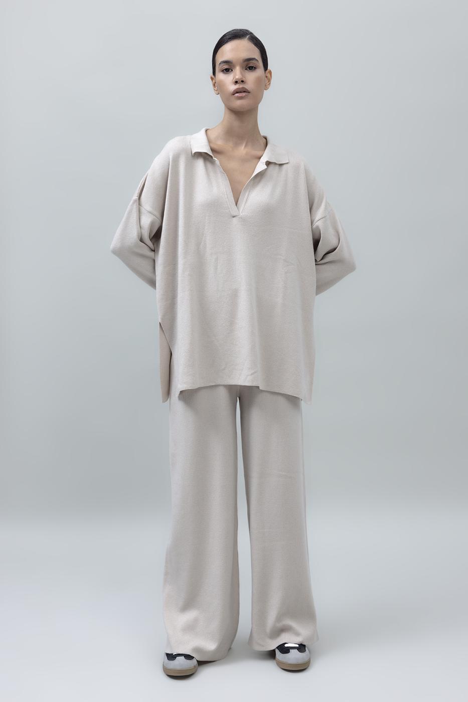 Bayan Bej Bol Paça Triko Pantolon