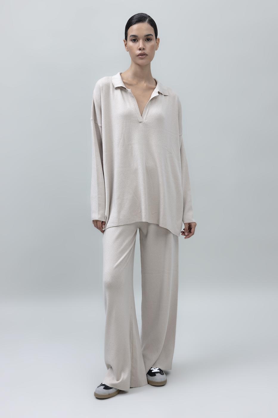 Bayan Bej Bol Paça Triko Pantolon