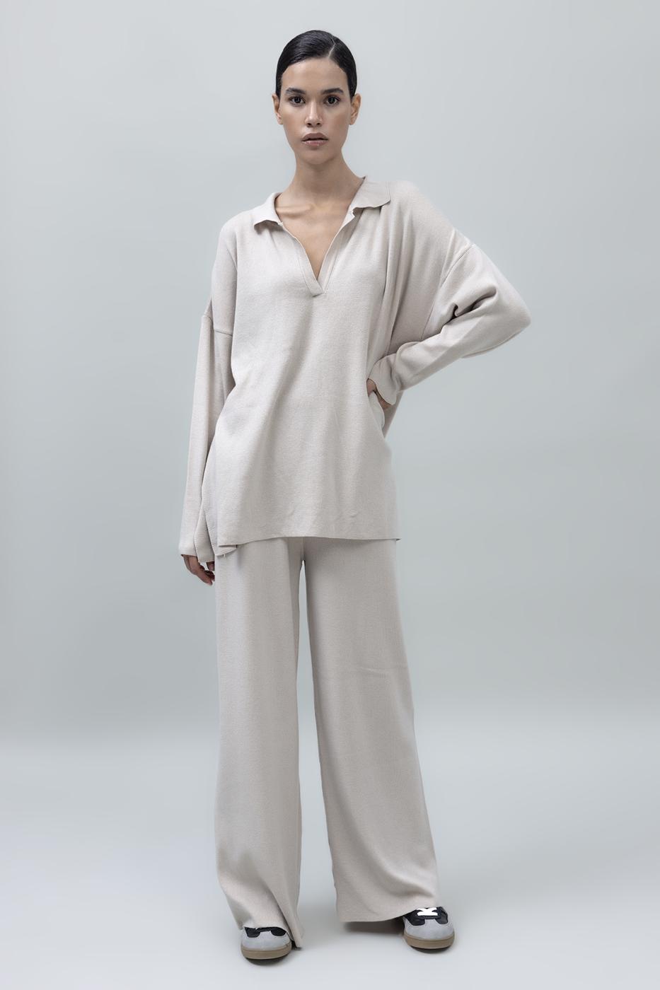 Bayan Bej Bol Paça Triko Pantolon