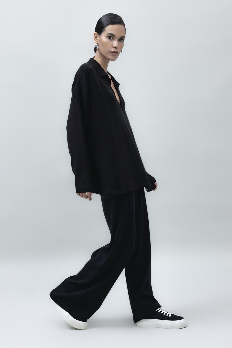 Bayan Siyah Bol Paça Triko Pantolon