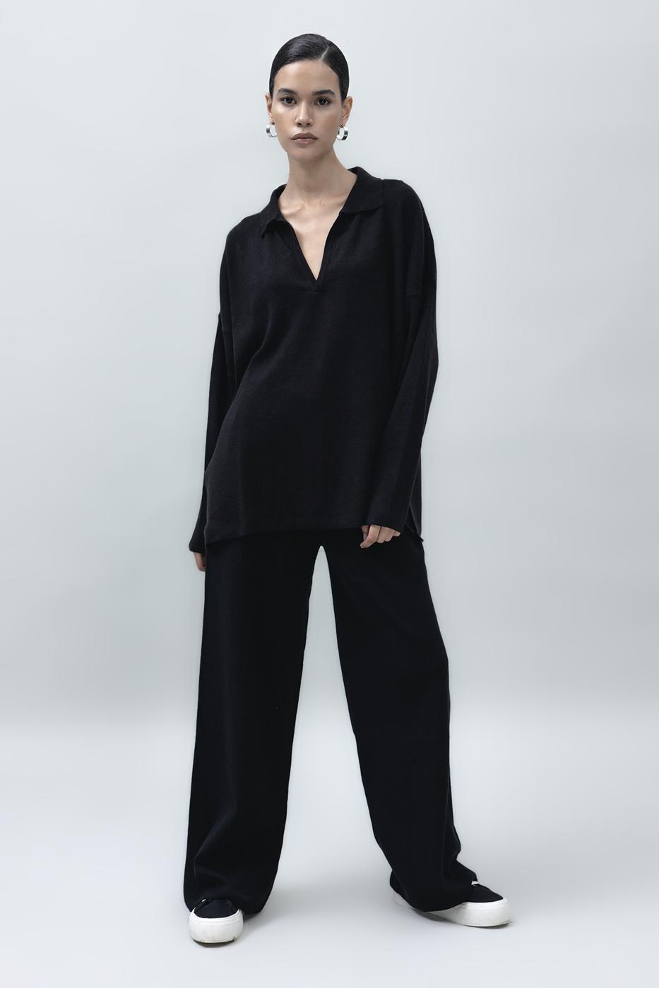 Bayan Siyah Bol Paça Triko Pantolon