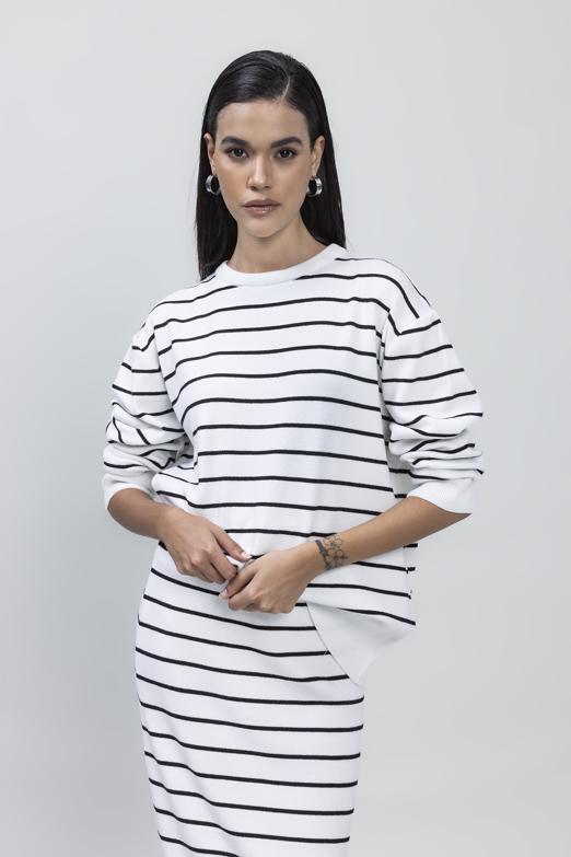 Bayan Beyaz Çizgili Rahat Kalıp Triko Kazak - BSL