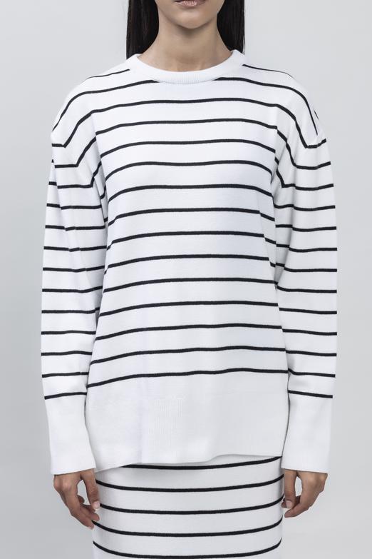 Bayan Beyaz Çizgili Rahat Kalıp Triko Kazak - BSL