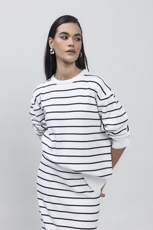 Bayan Beyaz Çizgili Rahat Kalıp Triko Kazak - BSL