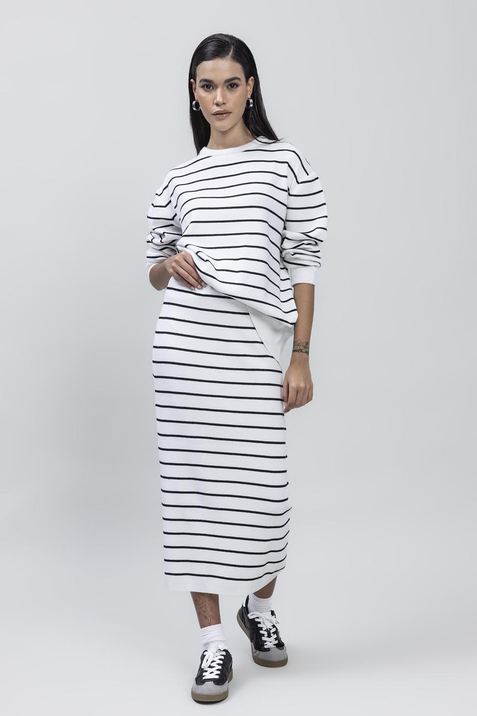 Bayan Beyaz Çizgili Triko Midi Kalem Etek
