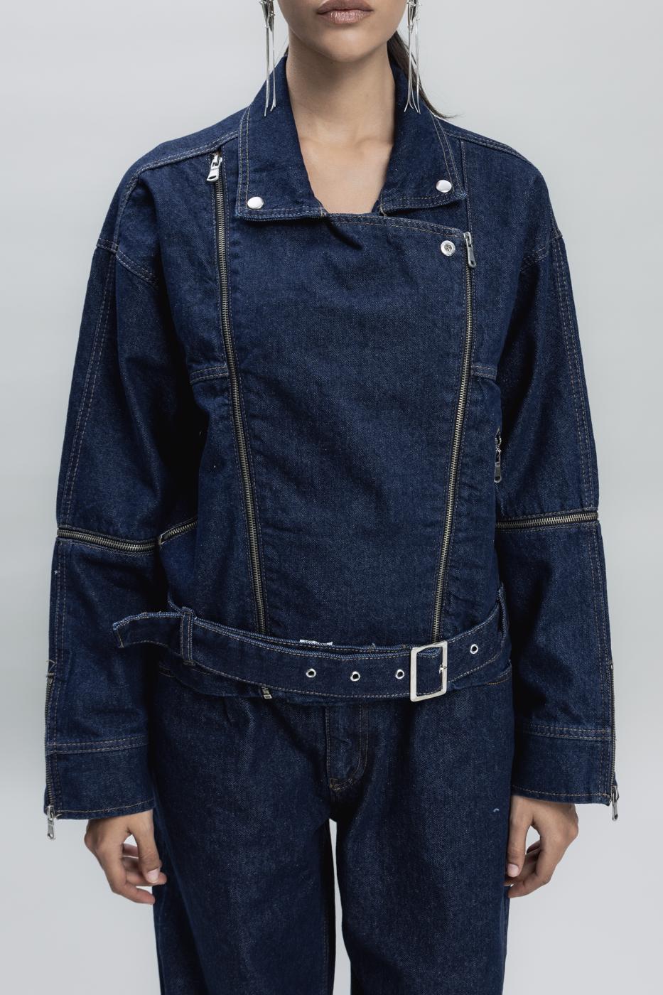 Bayan Mavi Fermuar Detaylı Denim Mont