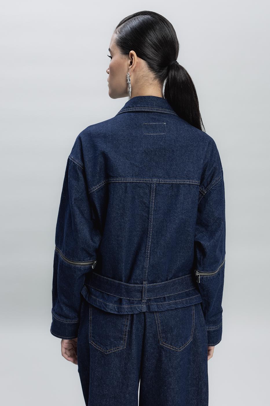 Bayan Mavi Fermuar Detaylı Denim Mont