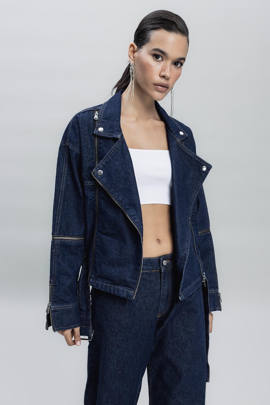 Bayan Mavi Fermuar Detaylı Denim Mont