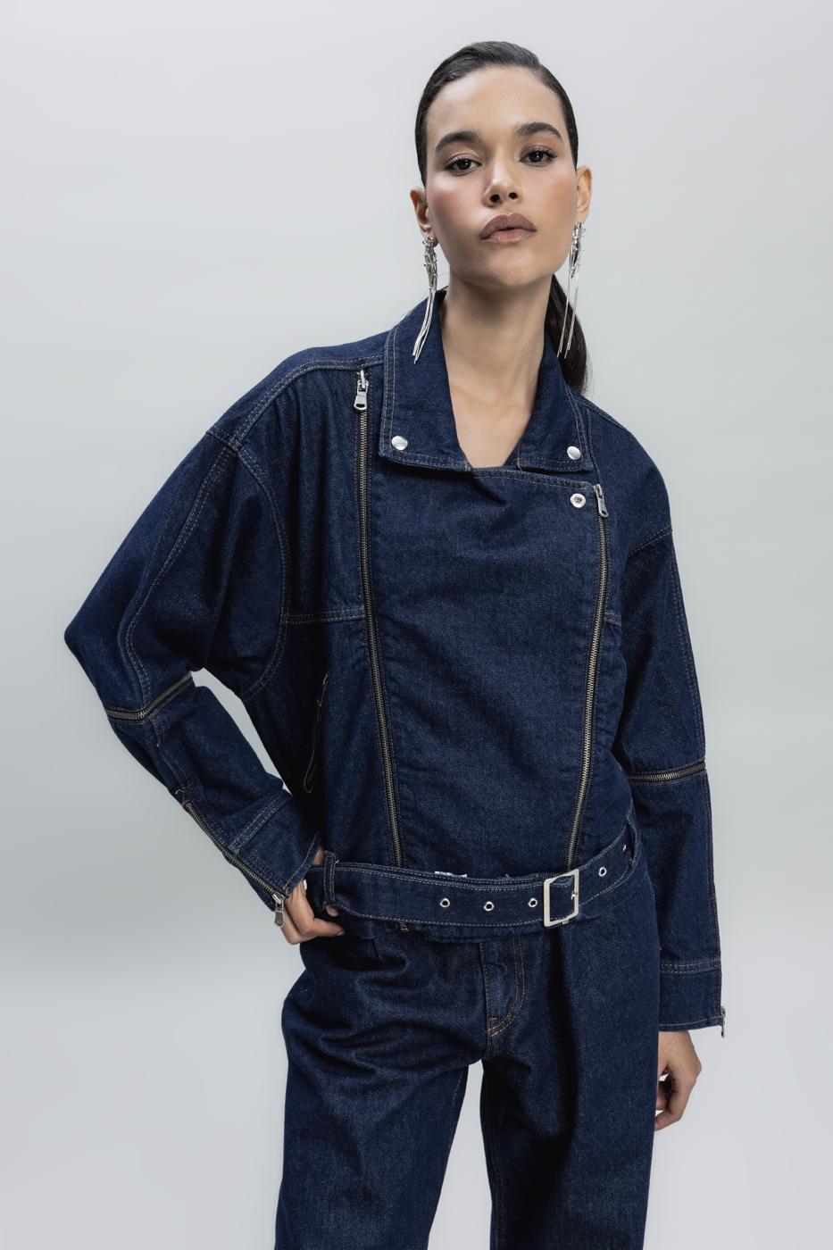 Bayan Mavi Fermuar Detaylı Denim Mont