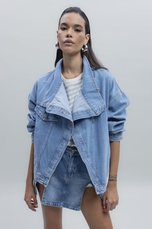 Bayan Mavi Asimetrik Kaplama Detaylı Denim Mont - BSL