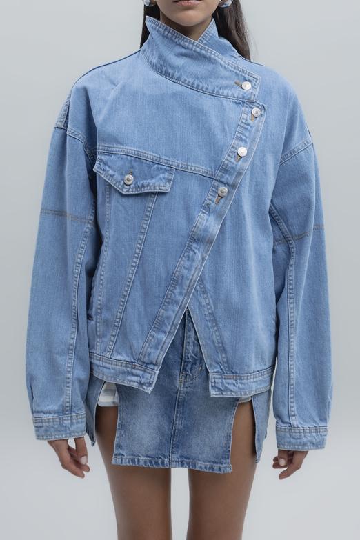Bayan Mavi Asimetrik Kaplama Detaylı Denim Mont - BSL