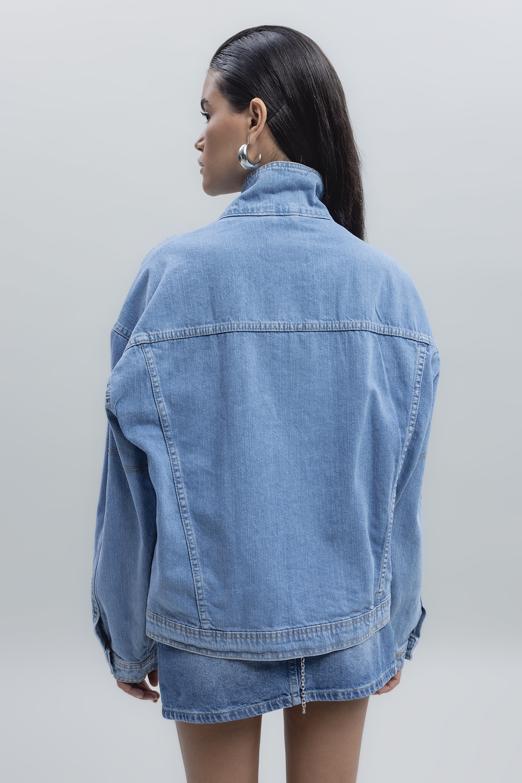 Bayan Mavi Asimetrik Kaplama Detaylı Denim Mont - BSL