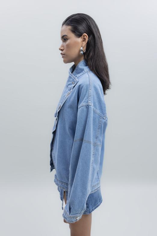 Bayan Mavi Asimetrik Kaplama Detaylı Denim Mont - BSL