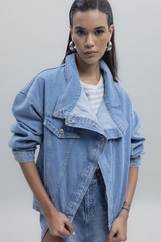 Bayan Mavi Asimetrik Kaplama Detaylı Denim Mont - BSL