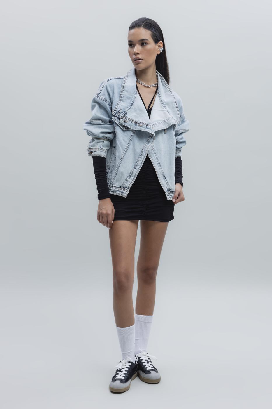 Bayan Mavi Asimetrik Kaplama Detaylı Denim Mont