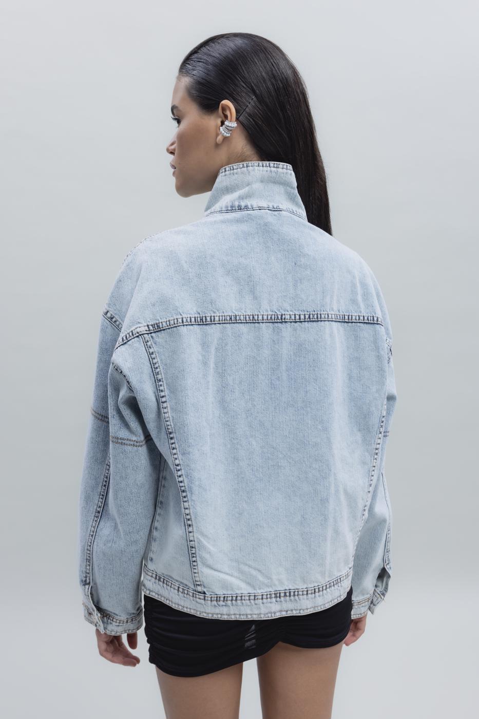 Bayan Mavi Asimetrik Kaplama Detaylı Denim Mont