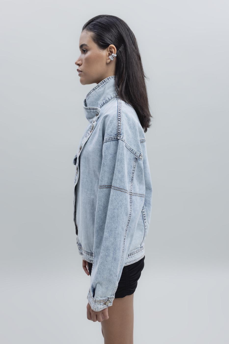 Bayan Mavi Asimetrik Kaplama Detaylı Denim Mont