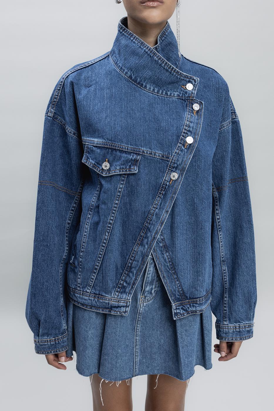 Bayan Mavi Asimetrik Kaplama Detaylı Denim Mont