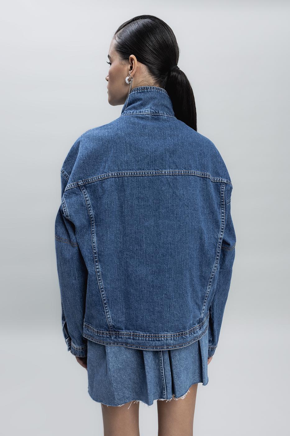 Bayan Mavi Asimetrik Kaplama Detaylı Denim Mont