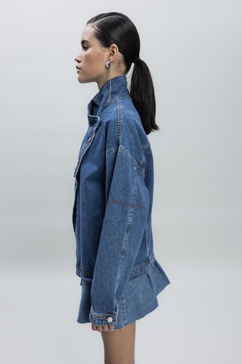 Bayan Mavi Asimetrik Kaplama Detaylı Denim Mont