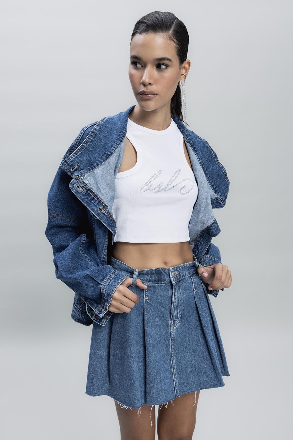 Bayan Mavi Asimetrik Kaplama Detaylı Denim Mont