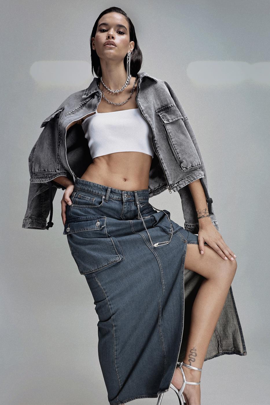 Bayan İndigo Kargo Cepli Maksi Denim Etek