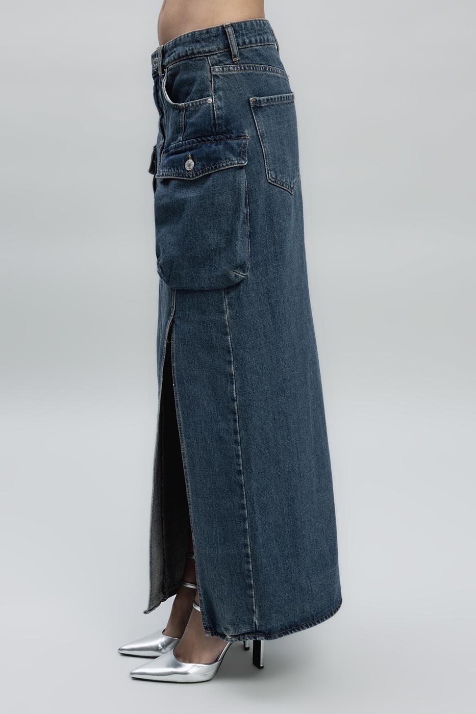 Bayan İndigo Kargo Cepli Maksi Denim Etek