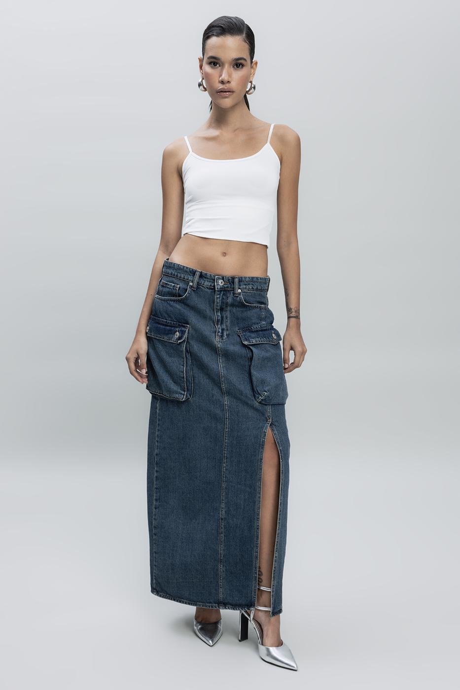 Bayan İndigo Kargo Cepli Maksi Denim Etek