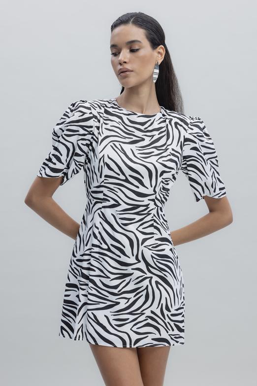 Bayan Beyaz Saten Zebra Desenli  Mini  Elbise - BSL