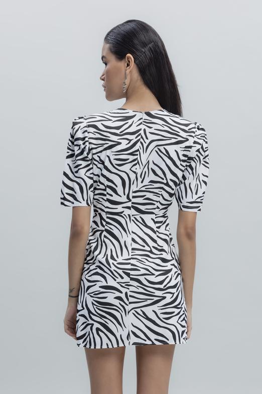 Bayan Beyaz Saten Zebra Desenli  Mini  Elbise - BSL