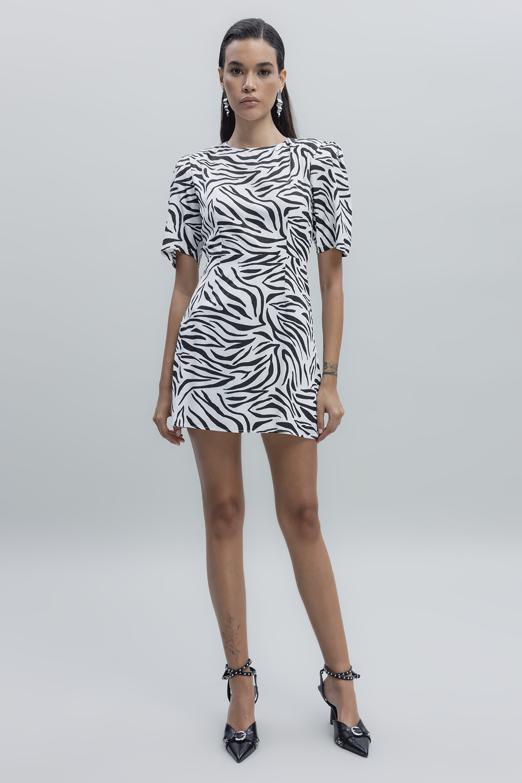 Bayan Beyaz Saten Zebra Desenli  Mini  Elbise - BSL