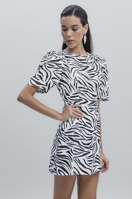 Bayan Beyaz Saten Zebra Desenli  Mini  Elbise - BSL