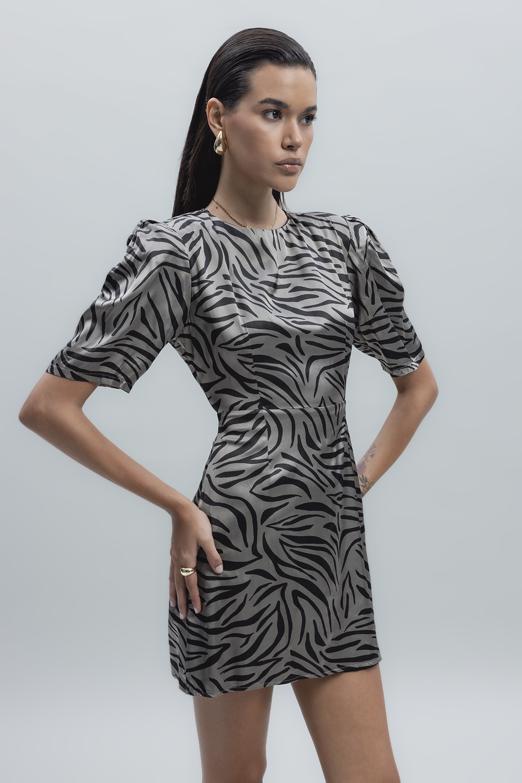 Bayan Vizon Saten Zebra Desenli  Mini  Elbise - BSL