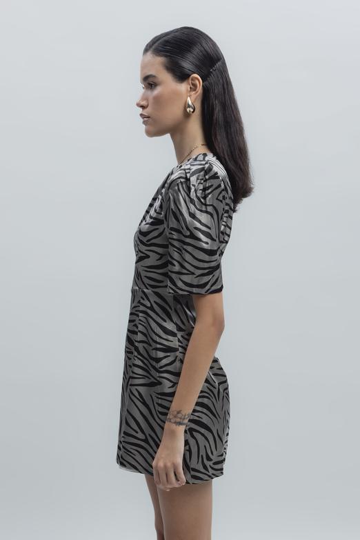 Bayan Vizon Saten Zebra Desenli  Mini  Elbise - BSL